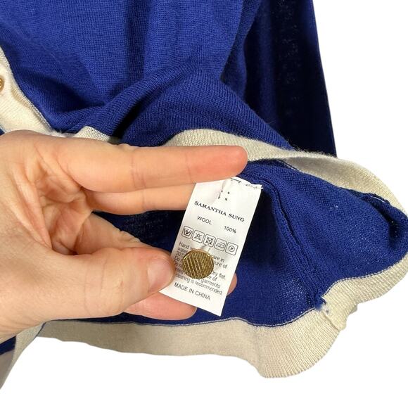 Samantha Sung Blue Cream Cardigan Crop Sweater 100% Wool Preppy Womens Medium - Picture 4 of 5